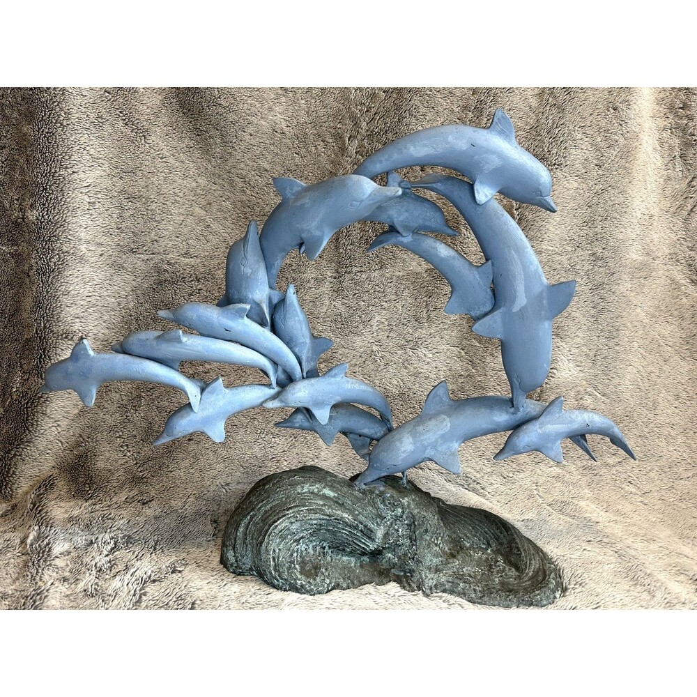 Large Bronze Dolphin Sculpture on Wave Base – Heavy 15.4 lb Art Decor